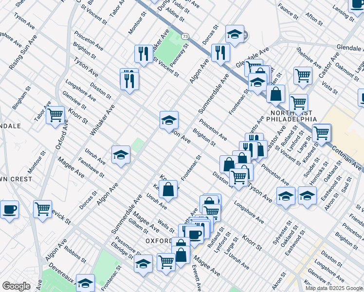 map of restaurants, bars, coffee shops, grocery stores, and more near 1207 Disston Street in Philadelphia