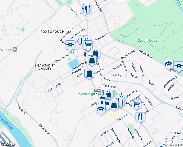 map of restaurants, bars, coffee shops, grocery stores, and more near 7509 Ridge Avenue in Philadelphia