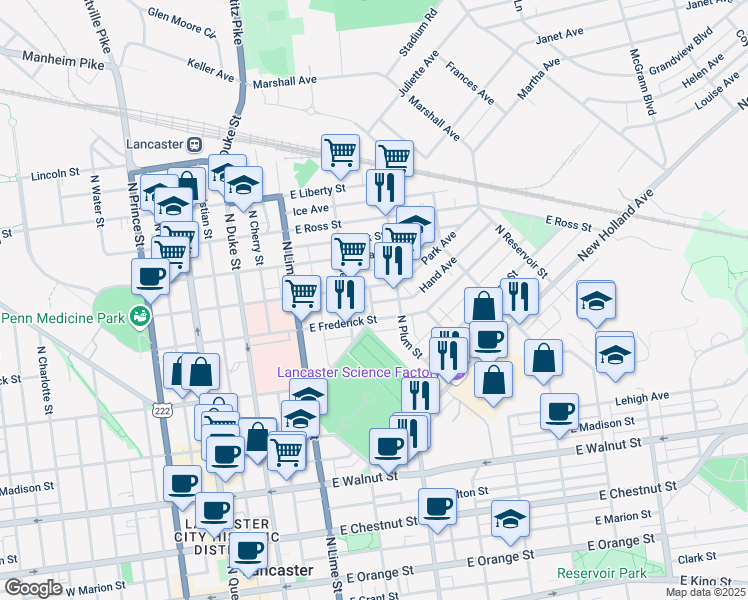 map of restaurants, bars, coffee shops, grocery stores, and more near 623 Olive Street in Lancaster