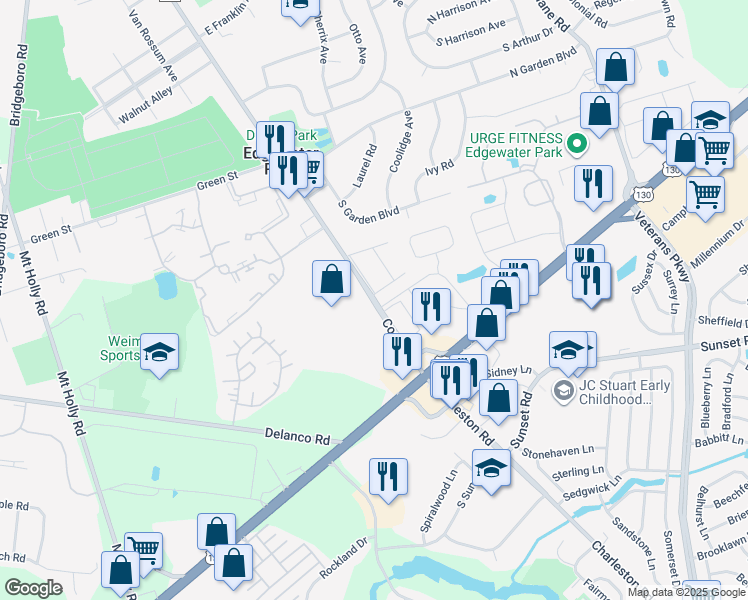 map of restaurants, bars, coffee shops, grocery stores, and more near 4287 U.S. 130 in Beverly