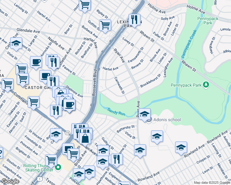 map of restaurants, bars, coffee shops, grocery stores, and more near 7619 Brocklehurst Street in Philadelphia