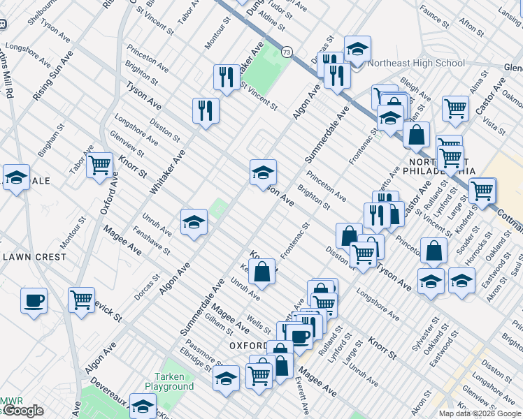 map of restaurants, bars, coffee shops, grocery stores, and more near 1205 Longshore Avenue in Philadelphia