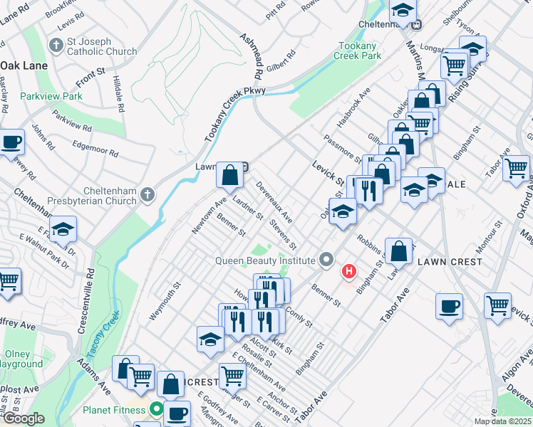 map of restaurants, bars, coffee shops, grocery stores, and more near 305 Lardner Street in Philadelphia