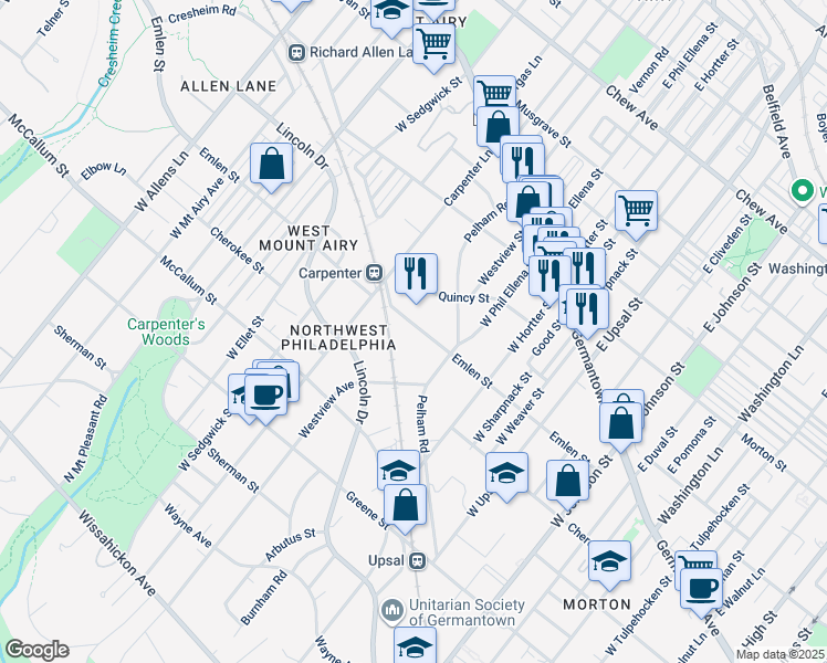 map of restaurants, bars, coffee shops, grocery stores, and more near 6762 Emlen Street in Philadelphia