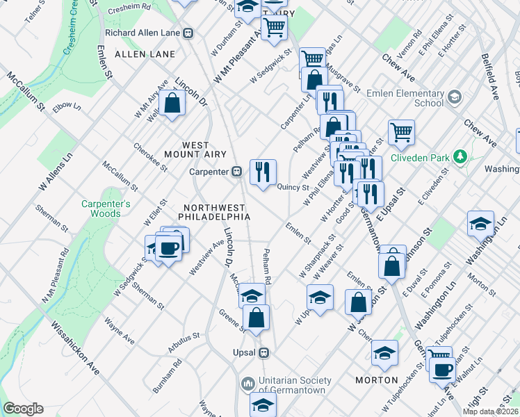 map of restaurants, bars, coffee shops, grocery stores, and more near 6762 Emlen Street in Philadelphia