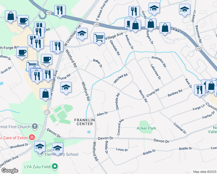 map of restaurants, bars, coffee shops, grocery stores, and more near 128 Crump Road in Exton