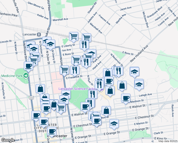 map of restaurants, bars, coffee shops, grocery stores, and more near 596 North Plum Street in Lancaster