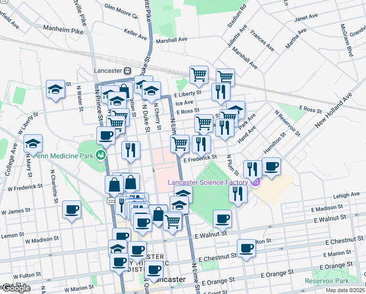 map of restaurants, bars, coffee shops, grocery stores, and more near 610 North Lime Street in Lancaster
