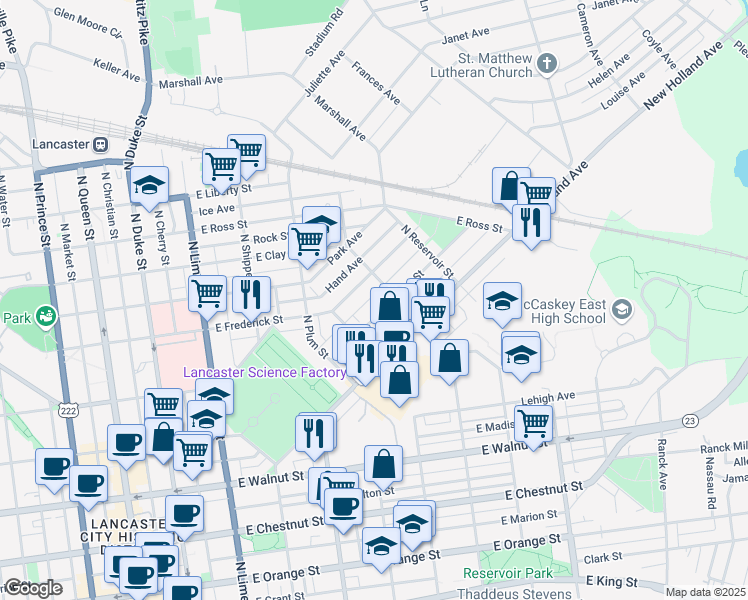 map of restaurants, bars, coffee shops, grocery stores, and more near 558 Reynolds Avenue in Lancaster