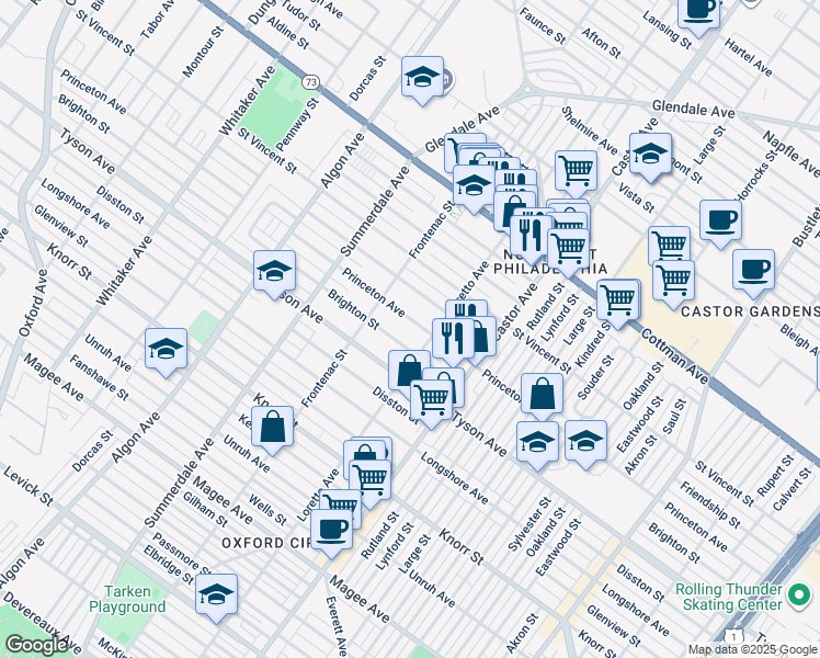 map of restaurants, bars, coffee shops, grocery stores, and more near 1332 Princeton Avenue in Philadelphia