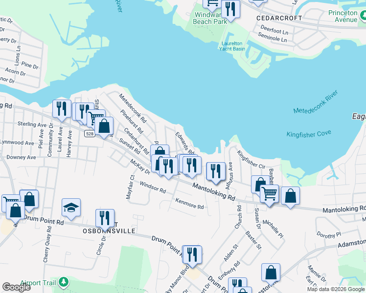 map of restaurants, bars, coffee shops, grocery stores, and more near 74 Dock Road in Brick Township