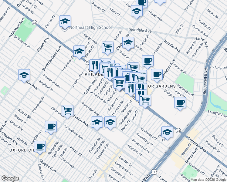 map of restaurants, bars, coffee shops, grocery stores, and more near 7229 Kindred Street in Philadelphia