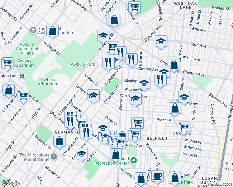 map of restaurants, bars, coffee shops, grocery stores, and more near 5529 Jane Street in Philadelphia