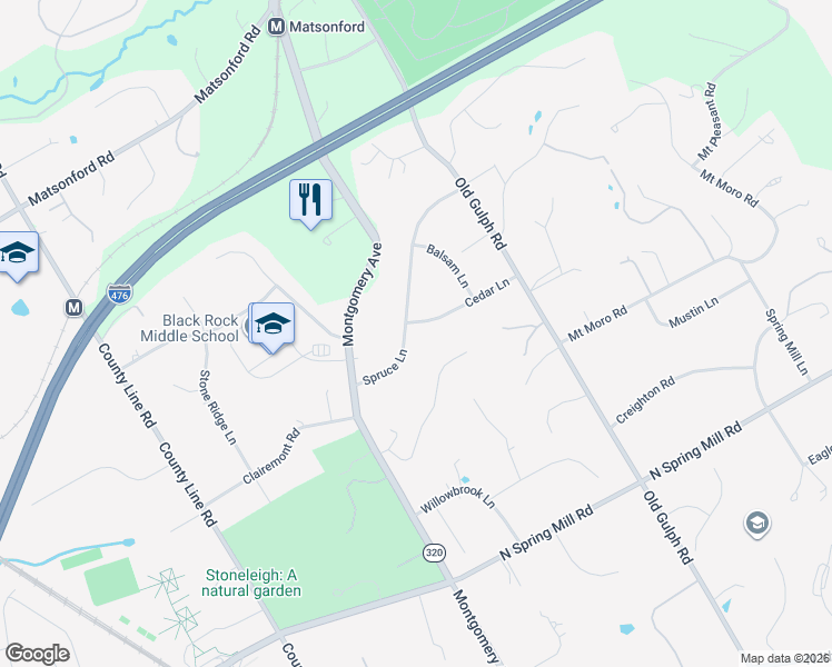 map of restaurants, bars, coffee shops, grocery stores, and more near 519 Spruce Lane in Villanova