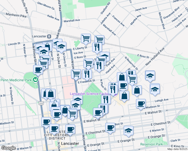 map of restaurants, bars, coffee shops, grocery stores, and more near 623 Olive Street in Lancaster
