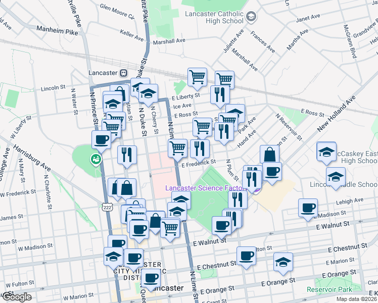 map of restaurants, bars, coffee shops, grocery stores, and more near 231 East Frederick Street in Lancaster