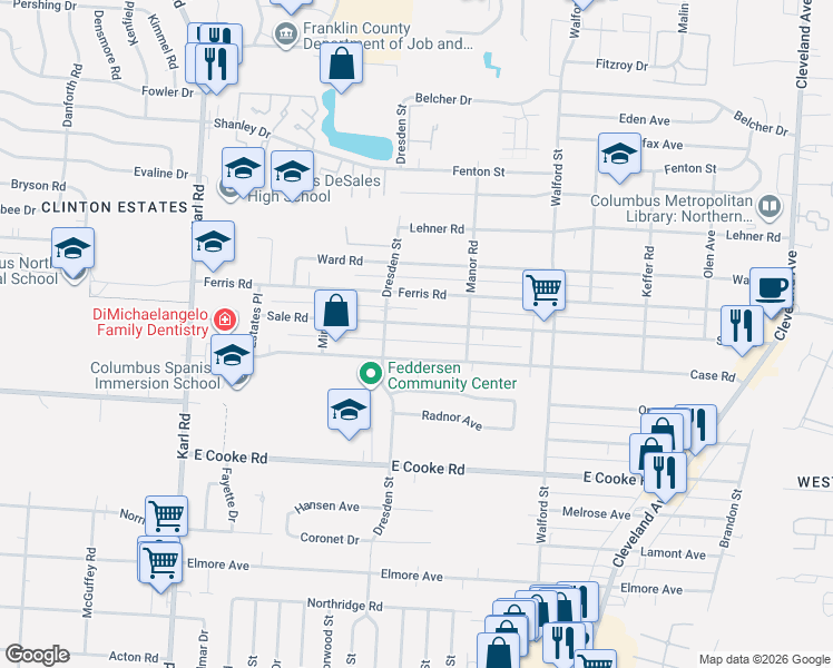 map of restaurants, bars, coffee shops, grocery stores, and more near 1808 Case Road in Columbus