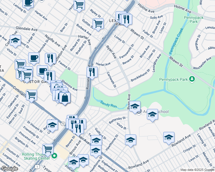 map of restaurants, bars, coffee shops, grocery stores, and more near 7619 Brocklehurst Street in Philadelphia