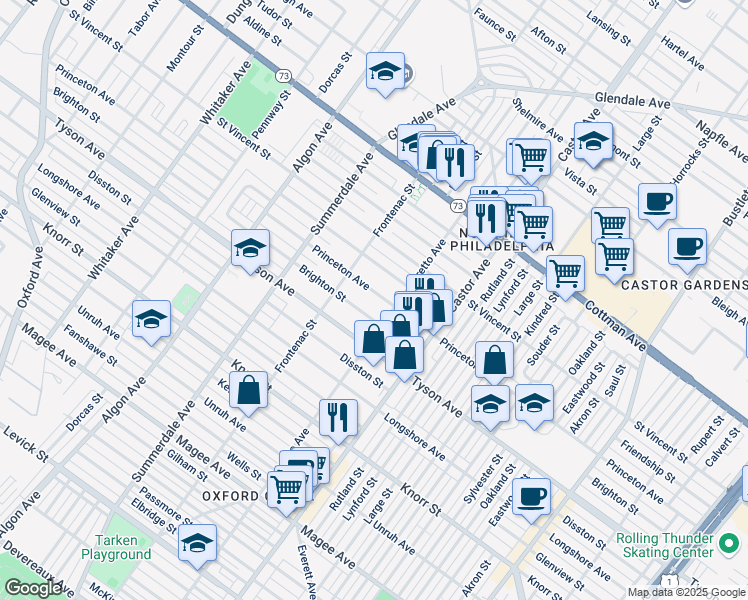 map of restaurants, bars, coffee shops, grocery stores, and more near 1332 Princeton Avenue in Philadelphia