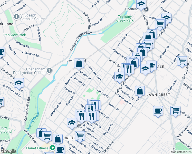 map of restaurants, bars, coffee shops, grocery stores, and more near 302 Devereaux Avenue in Philadelphia