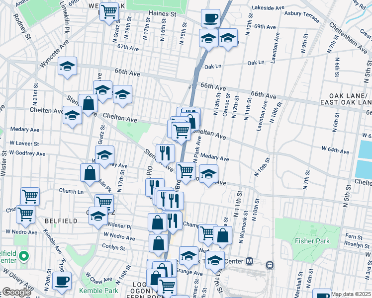 map of restaurants, bars, coffee shops, grocery stores, and more near 6315 North Broad Street in Philadelphia