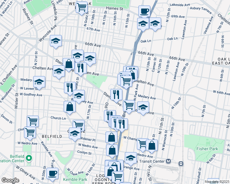 map of restaurants, bars, coffee shops, grocery stores, and more near 6257 Old York Rd in Philadelphia