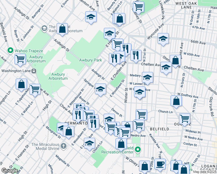 map of restaurants, bars, coffee shops, grocery stores, and more near 1034 East Chelten Avenue in Philadelphia