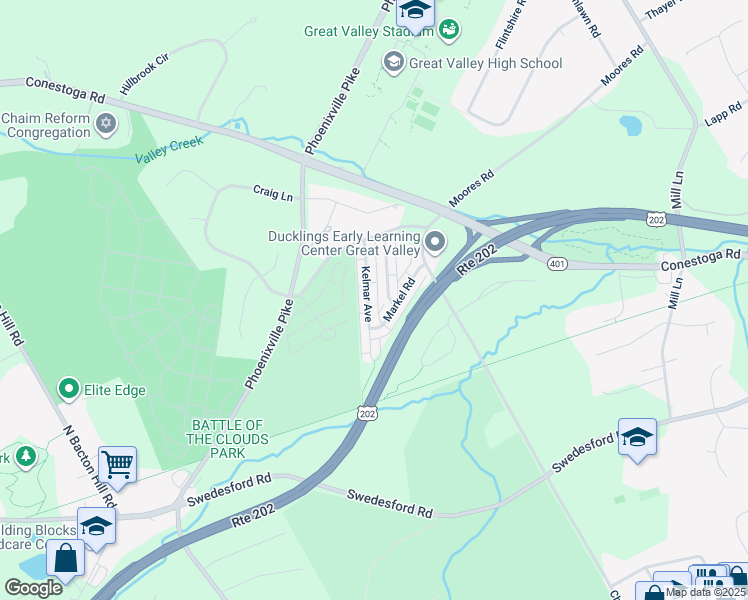 map of restaurants, bars, coffee shops, grocery stores, and more near 69 Kelmar Avenue in Malvern