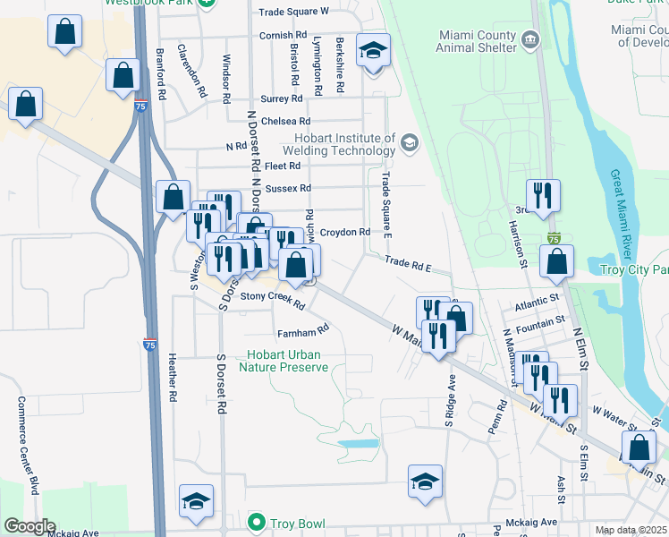 map of restaurants, bars, coffee shops, grocery stores, and more near 1303 West Main Street in Troy