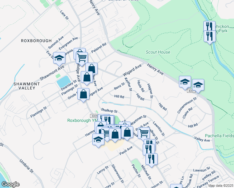 map of restaurants, bars, coffee shops, grocery stores, and more near 7439 Hill Road in Philadelphia