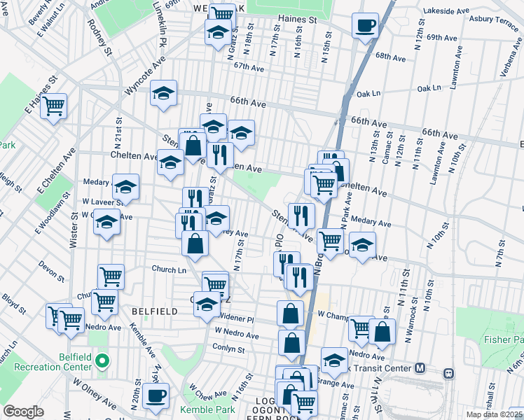 map of restaurants, bars, coffee shops, grocery stores, and more near 1614 Stenton Avenue in Philadelphia