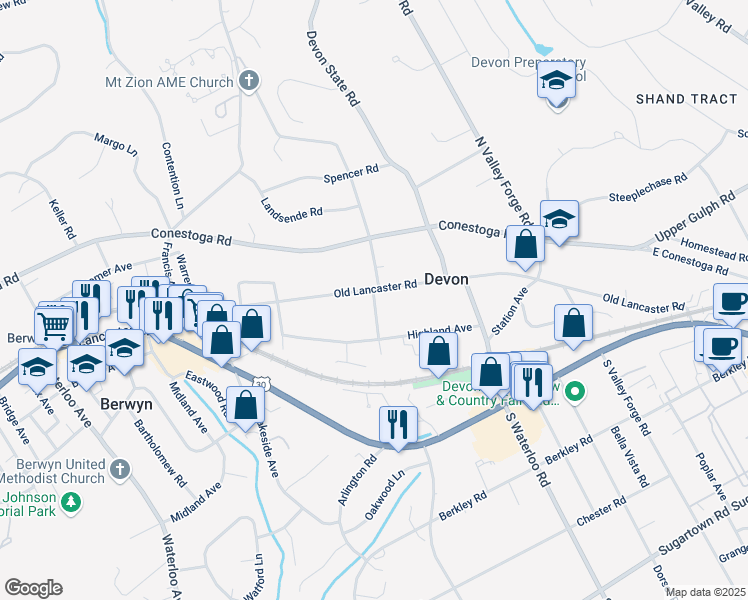 map of restaurants, bars, coffee shops, grocery stores, and more near 139 North Fairfield Road in Devon