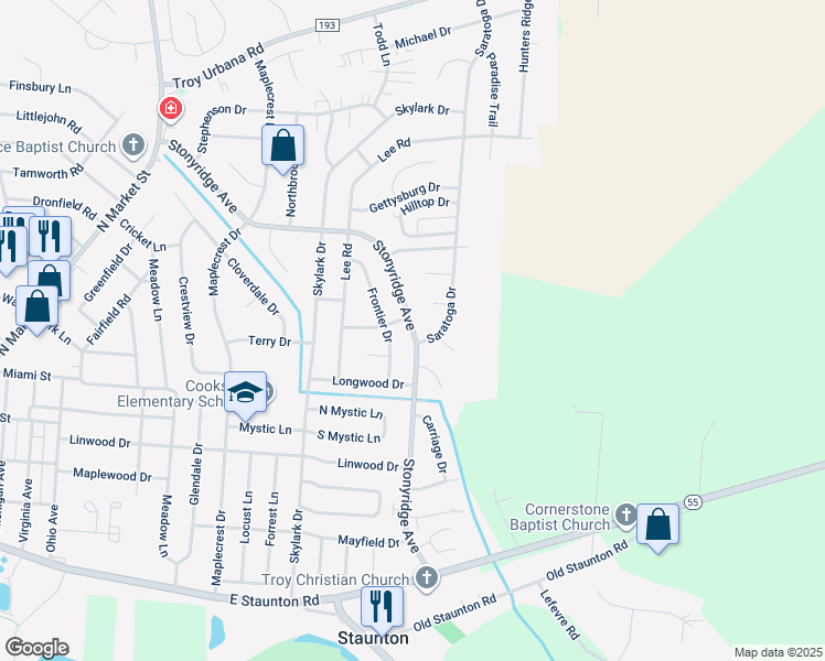 map of restaurants, bars, coffee shops, grocery stores, and more near 1005 Stonyridge Avenue in Troy