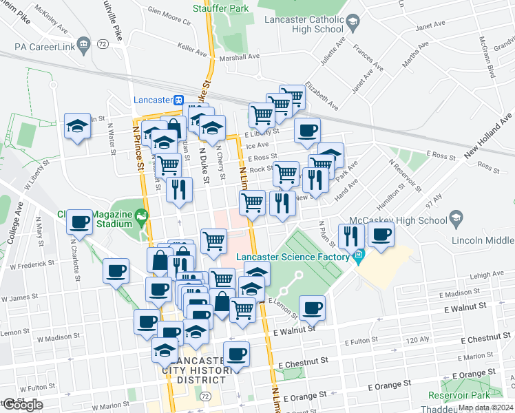 map of restaurants, bars, coffee shops, grocery stores, and more near 214 East New Street in Lancaster