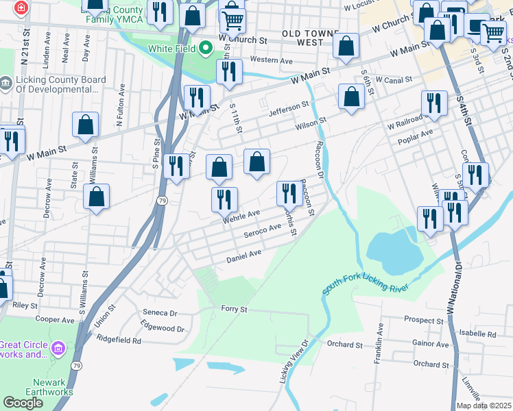 map of restaurants, bars, coffee shops, grocery stores, and more near 550 Wehrle Avenue in Newark
