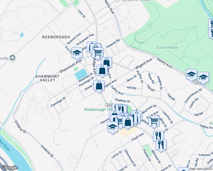 map of restaurants, bars, coffee shops, grocery stores, and more near Wigard Avenue in Philadelphia