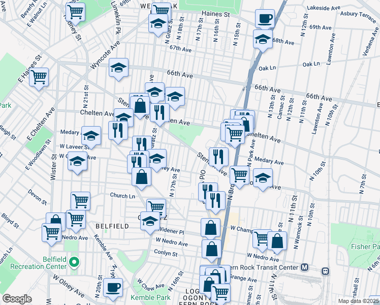 map of restaurants, bars, coffee shops, grocery stores, and more near 1614 Stenton Avenue in Philadelphia