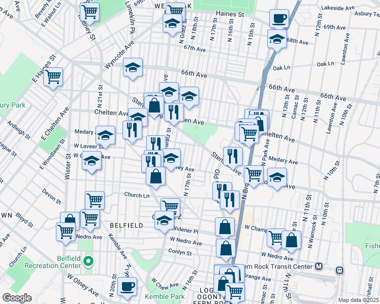 map of restaurants, bars, coffee shops, grocery stores, and more near 6244 North 17th Street in Philadelphia