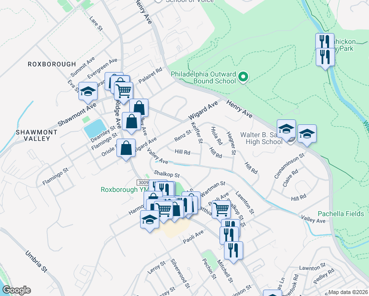 map of restaurants, bars, coffee shops, grocery stores, and more near 625 Renz Street in Philadelphia