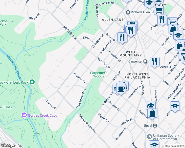 map of restaurants, bars, coffee shops, grocery stores, and more near 501 North Mount Pleasant Road in Philadelphia