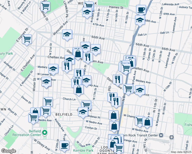 map of restaurants, bars, coffee shops, grocery stores, and more near 6244 North 17th Street in Philadelphia