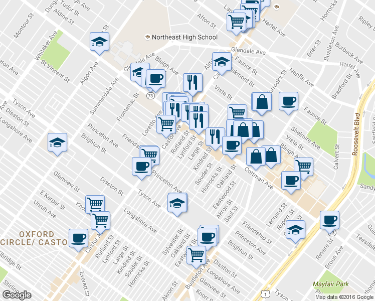 map of restaurants, bars, coffee shops, grocery stores, and more near 7235 Lynford Street in Philadelphia