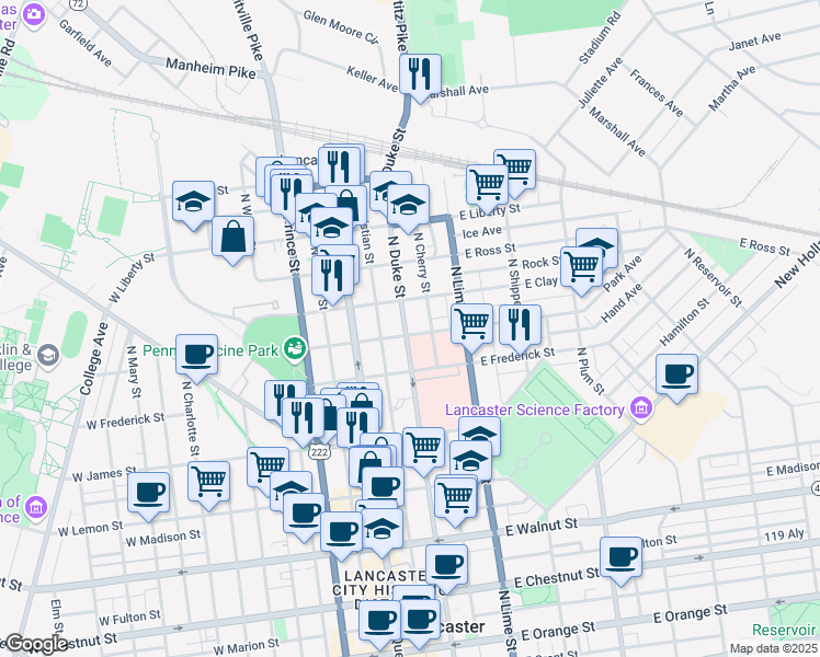 map of restaurants, bars, coffee shops, grocery stores, and more near 703 North Duke Street in Lancaster