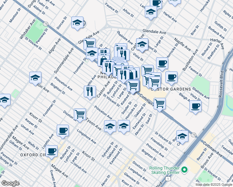 map of restaurants, bars, coffee shops, grocery stores, and more near 7235 Lynford Street in Philadelphia
