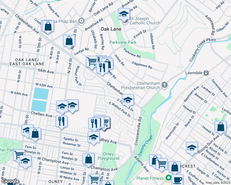 map of restaurants, bars, coffee shops, grocery stores, and more near 150 East Cheltenham Avenue in Philadelphia