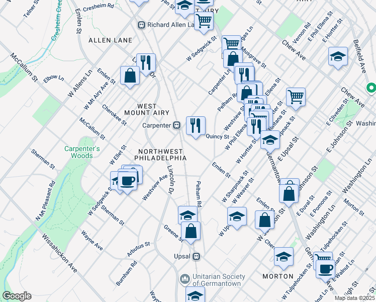 map of restaurants, bars, coffee shops, grocery stores, and more near 6804 Emlen Street in Philadelphia