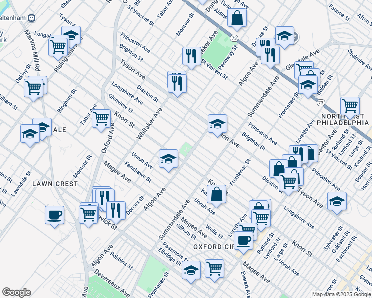map of restaurants, bars, coffee shops, grocery stores, and more near 6824-26 Algon Avenue in Philadelphia