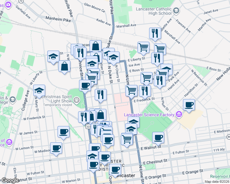 map of restaurants, bars, coffee shops, grocery stores, and more near 701 North Duke Street in Lancaster
