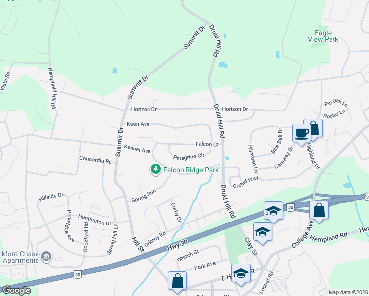 map of restaurants, bars, coffee shops, grocery stores, and more near 3625 Falcon Court in Mountville