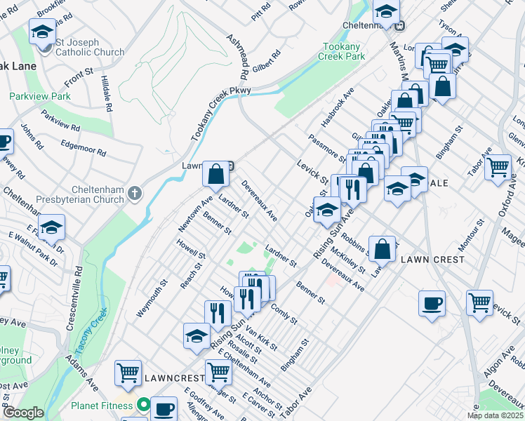 map of restaurants, bars, coffee shops, grocery stores, and more near 302 Devereaux Avenue in Philadelphia
